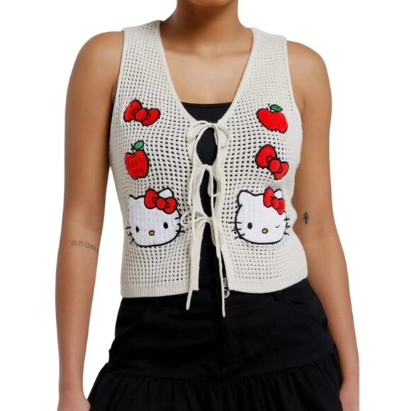 Hello Kitty Sweaters - HELLO KITTY Patches Open Knit Sweater Vest BEIGE WHITE & RED size XL Hot Topic